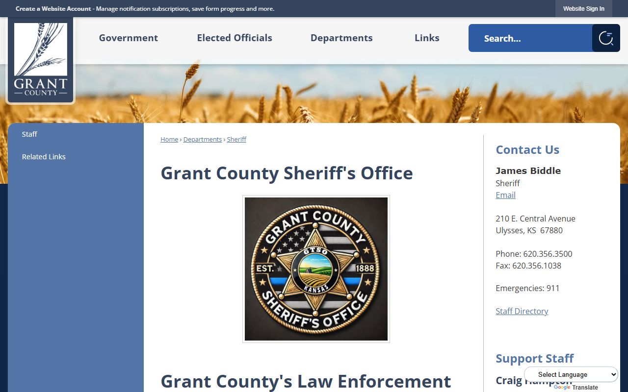 Grant County Jail sheriff page and inmate records contact block