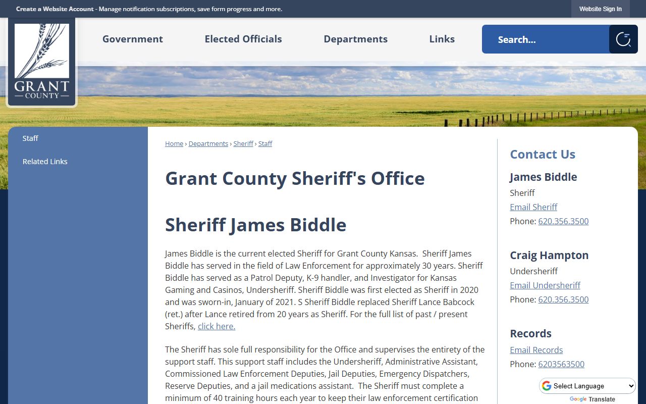 Grant County inmate population staff page showing jail capacity and deputies