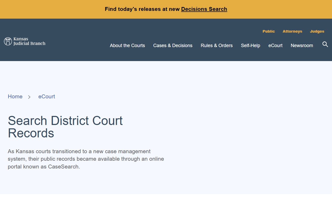 Kansas Judicial Branch district court records information page