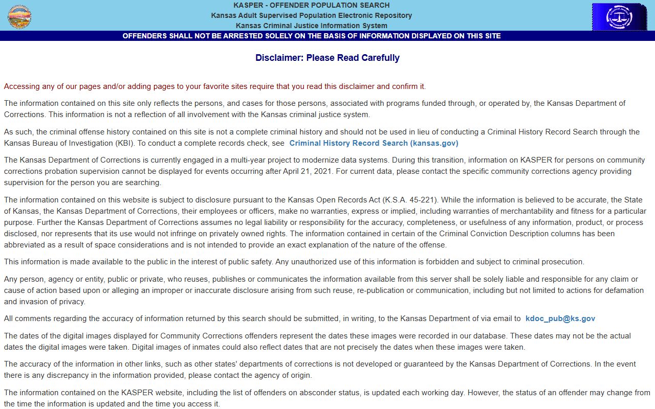 Grant County inmate population KASPER state custody search disclaimer